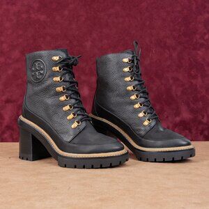 Tory Burch Women Black Leather Miller Lace up Dress Lug Sole Boots size 7
